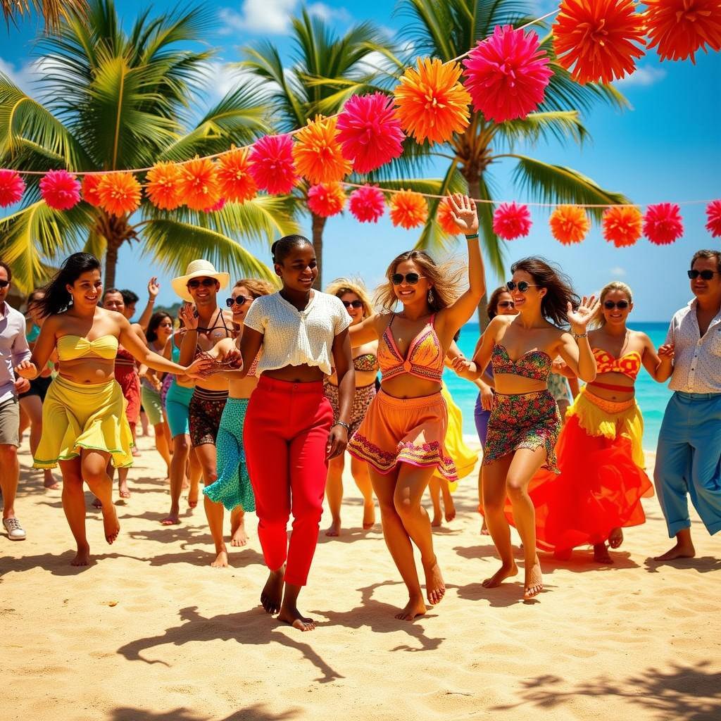 A vibrant beach scene filled with joyful Cuban street dancers, energetically running along the sandy shore