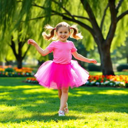 A joyful young girl, around 6 years old, dancing gracefully in a sunny park