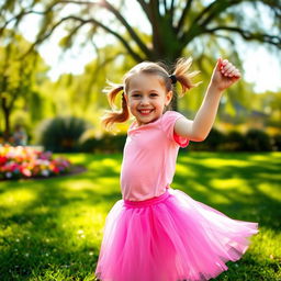 A joyful young girl, around 6 years old, dancing gracefully in a sunny park