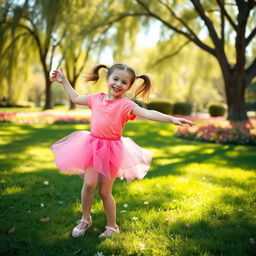 A joyful young girl, around 6 years old, dancing gracefully in a sunny park