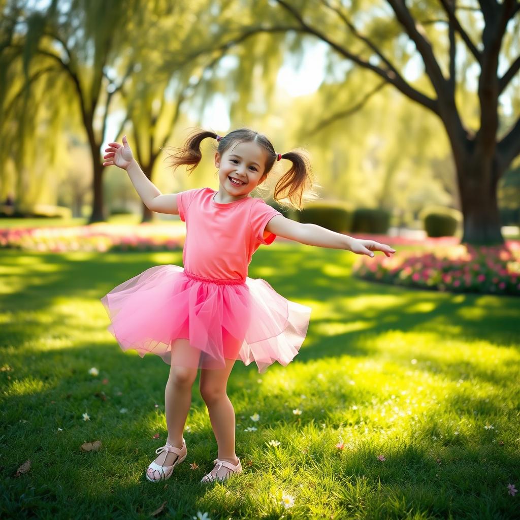 A joyful young girl, around 6 years old, dancing gracefully in a sunny park
