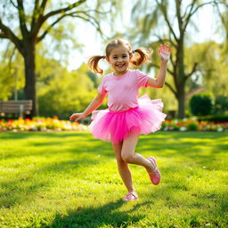A joyful young girl, around 6 years old, dancing gracefully in a sunny park