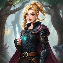A vibrant Dungeons and Dragons illustration of an 18-year-old human female character