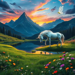 A fantasy landscape featuring majestic mountains in the background with a vibrant sunset casting colorful hues over the sky