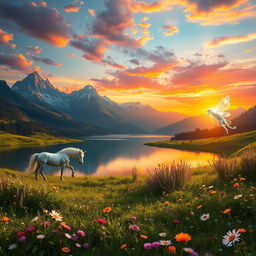A fantasy landscape featuring majestic mountains in the background with a vibrant sunset casting colorful hues over the sky