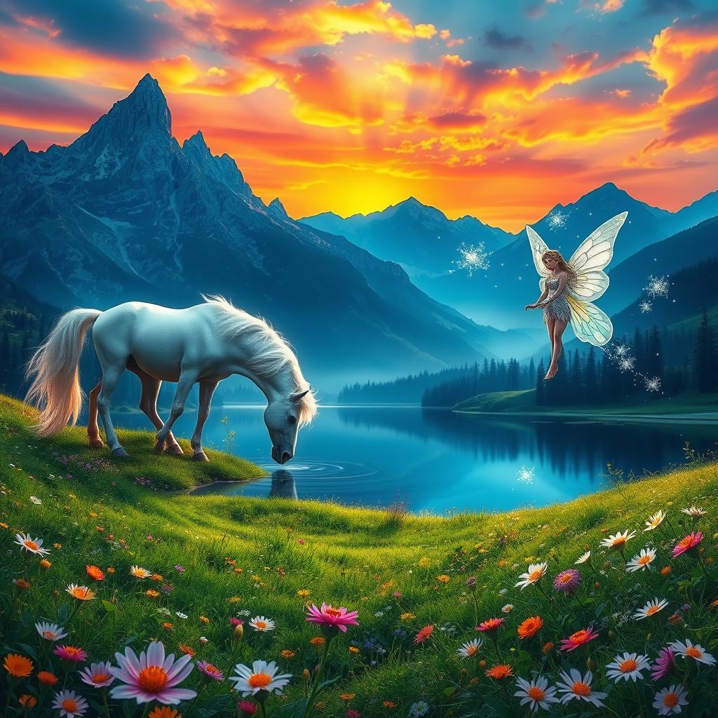 A fantasy landscape featuring majestic mountains in the background with a vibrant sunset casting colorful hues over the sky