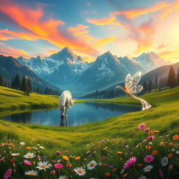 A fantasy landscape featuring majestic mountains in the background with a vibrant sunset casting colorful hues over the sky