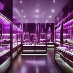 A luxurious jewellery shop in shades of purple occupying a 25 feet by 10 feet area, replete with detailed jewel cases under soft, elegant light.