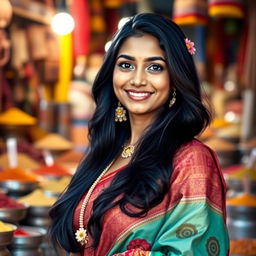 A portrait of a confident Indian woman, dressed in traditional attire, featuring a vibrant saree with intricate patterns