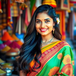 A portrait of a confident Indian woman, dressed in traditional attire, featuring a vibrant saree with intricate patterns