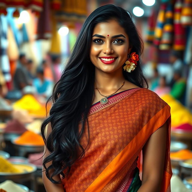 A portrait of a confident Indian woman, dressed in traditional attire, featuring a vibrant saree with intricate patterns