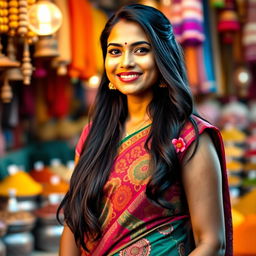 A portrait of a confident Indian woman, dressed in traditional attire, featuring a vibrant saree with intricate patterns