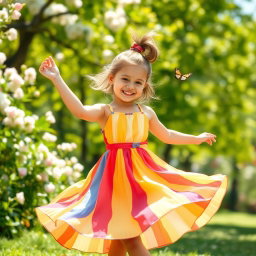 A joyful young girl dancing gracefully in a sunlit park, wearing a colorful dress that twirls around her