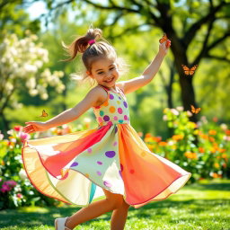 A joyful young girl dancing gracefully in a sunlit park, wearing a colorful dress that twirls around her