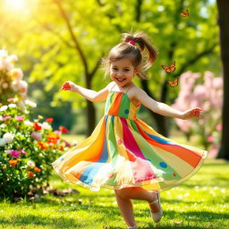 A joyful young girl dancing gracefully in a sunlit park, wearing a colorful dress that twirls around her
