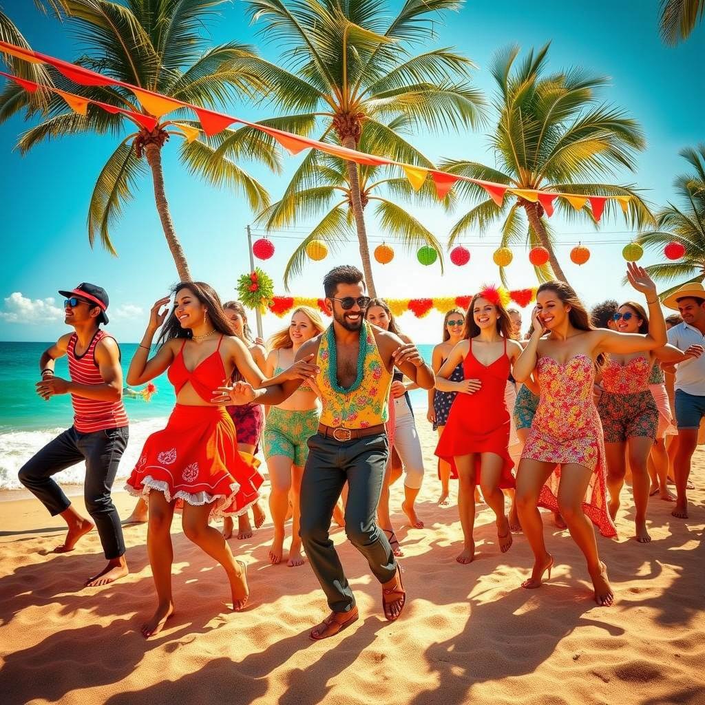 A lively beach scene featuring Cuban street dancers celebrating a vibrant festival