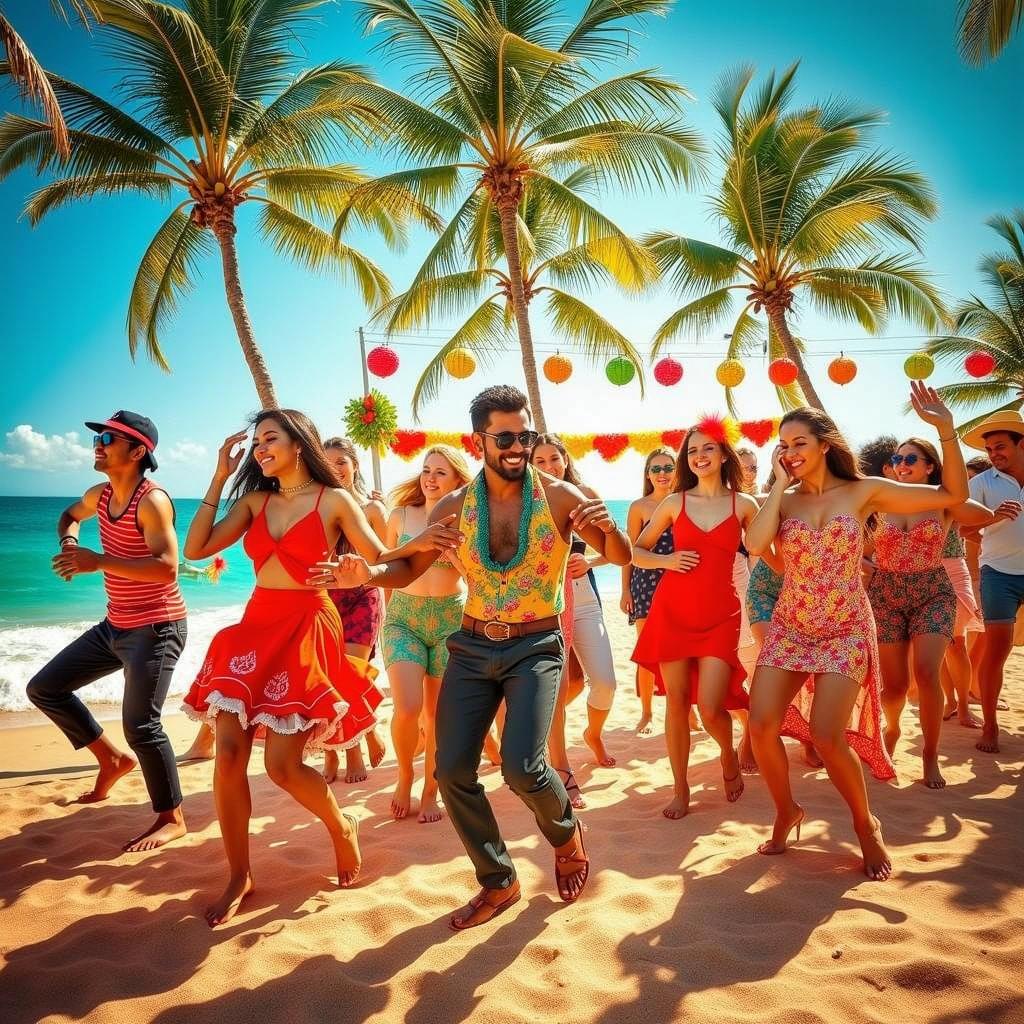 A vibrant beach scene showcasing Cuban street dancers celebrating with spirited moves