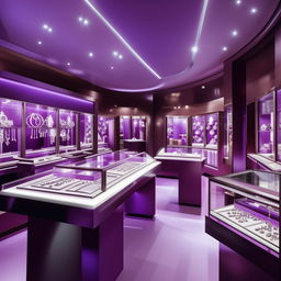 A luxurious jewellery shop in shades of purple occupying a 25 feet by 10 feet area, replete with detailed jewel cases under soft, elegant light.