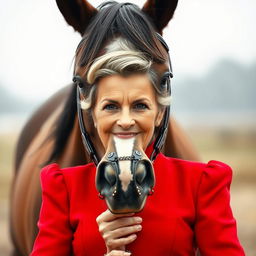 A beautiful 60-year-old woman dressed in an elegant red outfit stands front-facing, looking directly at the camera with a provocative expression