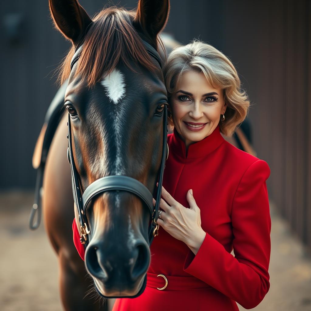 A beautiful 60-year-old woman dressed in an elegant red outfit stands front-facing, looking directly at the camera with a provocative expression