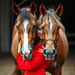 A beautiful 60-year-old woman dressed in an elegant red outfit stands front-facing, looking directly at the camera with a provocative expression