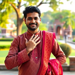 A Hindu man performing a traditional greeting known as 'Namaste'