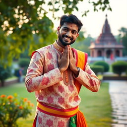 A Hindu man performing a traditional greeting known as 'Namaste'