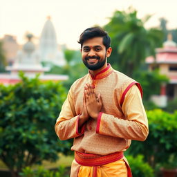 A Hindu man performing a traditional greeting known as 'Namaste'