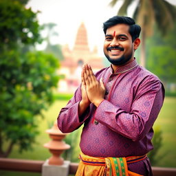 A Hindu man performing a traditional greeting known as 'Namaste'