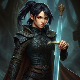 An intense teenage human female warrior with shoulder-length dark hair styled in a ponytail, exuding determination and strength