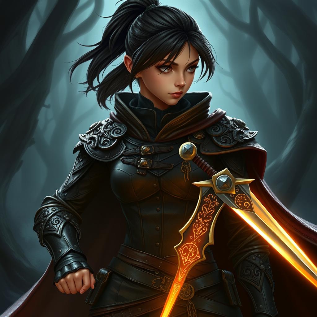An intense teenage human female warrior with shoulder-length dark hair styled in a ponytail, exuding determination and strength