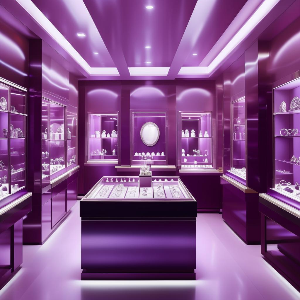 A luxurious jewellery shop in shades of purple occupying a 25 feet by 10 feet area, replete with detailed jewel cases under soft, elegant light.