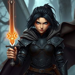 An intense teenage human female warrior with shoulder-length dark hair styled in a ponytail, exuding determination and strength