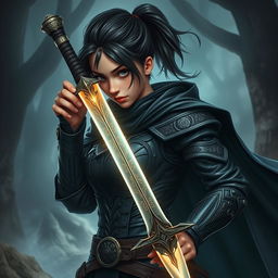 An intense teenage human female warrior with shoulder-length dark hair styled in a ponytail, exuding determination and strength