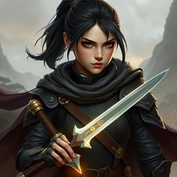 An intense teenage human female warrior with shoulder-length dark hair pulled back into a ponytail, radiating confidence and resilience