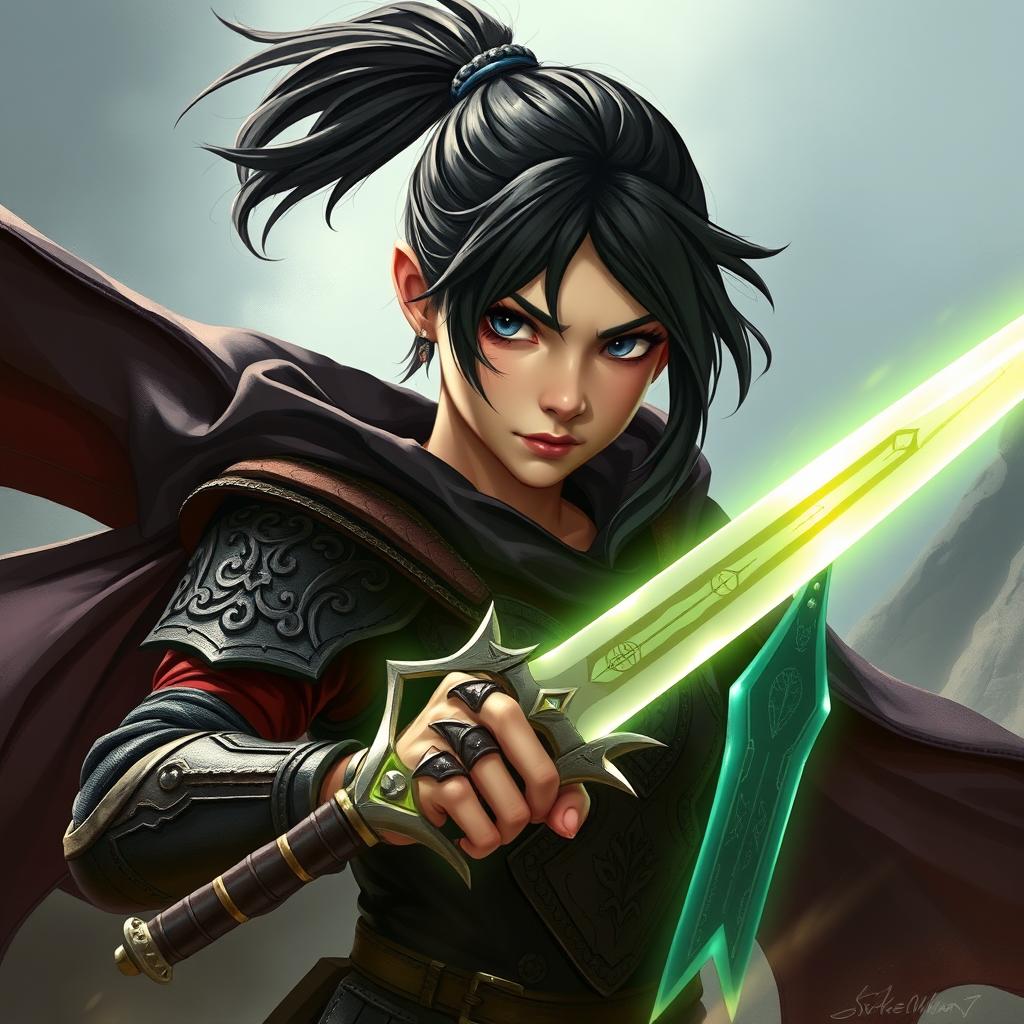 An intense teenage human female warrior with shoulder-length dark hair pulled back into a ponytail, radiating confidence and resilience
