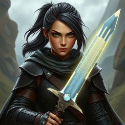 An intense teenage human female warrior with shoulder-length dark hair pulled back into a ponytail, radiating confidence and resilience