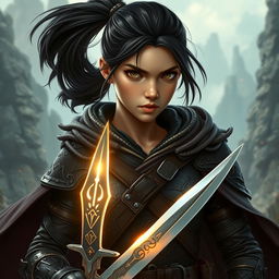 An intense teenage human female warrior with shoulder-length dark hair pulled back into a ponytail, radiating confidence and resilience