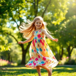 A vibrant, joyful scene of a young girl dancing gracefully in a sunlit park