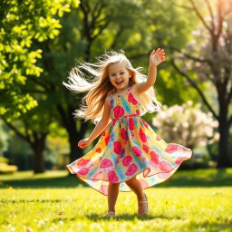 A vibrant, joyful scene of a young girl dancing gracefully in a sunlit park