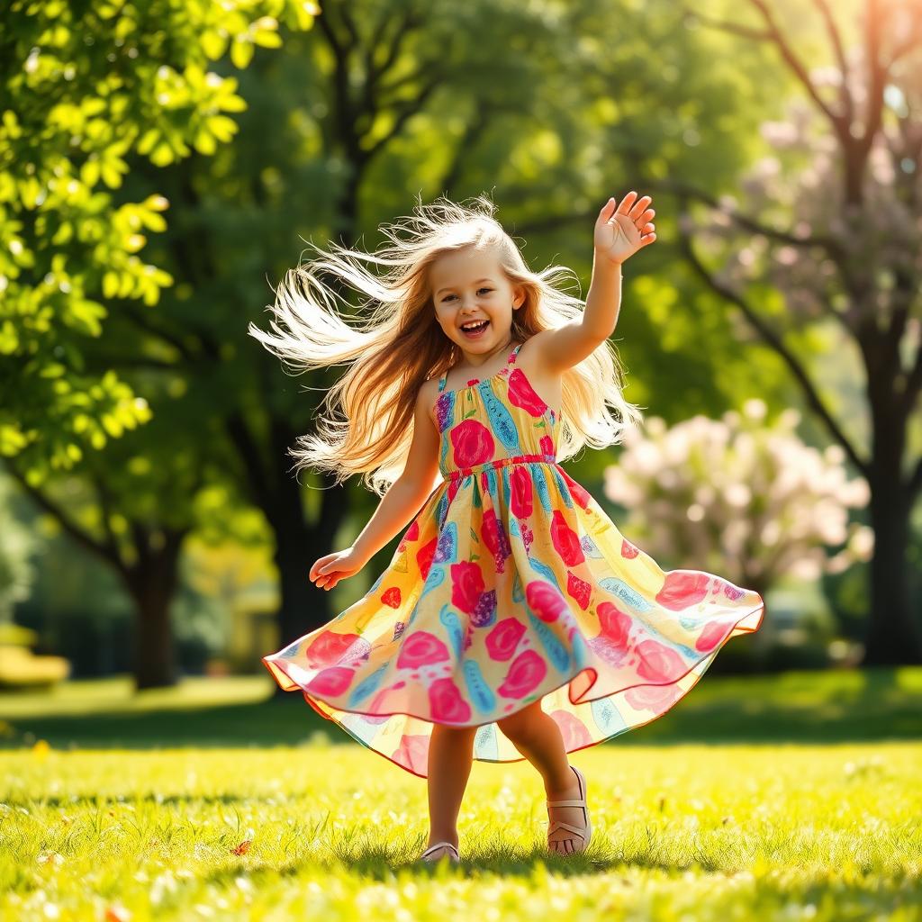 A vibrant, joyful scene of a young girl dancing gracefully in a sunlit park