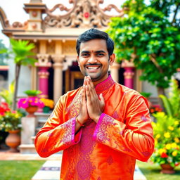 A Hindu man performing a traditional greeting, demonstrating respect and hospitality as per Hindu culture