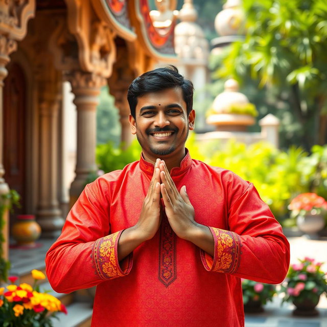 A Hindu man performing a traditional greeting, demonstrating respect and hospitality as per Hindu culture