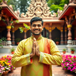 A Hindu man performing a traditional greeting, demonstrating respect and hospitality as per Hindu culture