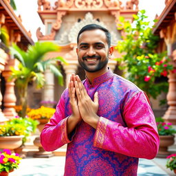 A Hindu man performing a traditional greeting, demonstrating respect and hospitality as per Hindu culture