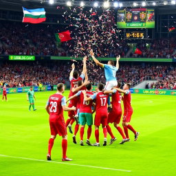 A dramatic scene of a football match where Uzbekistan defeats Portugal in the World Cup