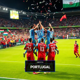 A dramatic scene of a football match where Uzbekistan defeats Portugal in the World Cup