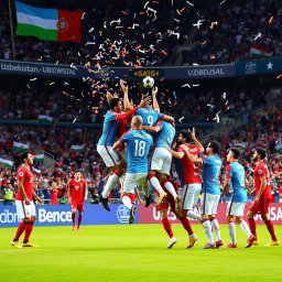 A dramatic scene of a football match where Uzbekistan defeats Portugal in the World Cup
