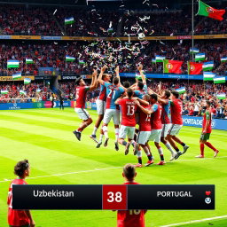 A dramatic scene of a football match where Uzbekistan defeats Portugal in the World Cup