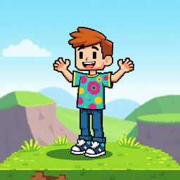 A pixel art character in 2D style, featuring a humanoid figure with vibrant colors